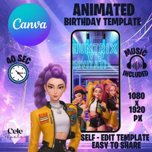 May include: Animated birthday template advertisement. The image features a digital illustration of a woman with purple hair and a yellow jacket. A smartphone displays a "Huntrix VIP Invitati" design. Text includes "Music Included", "Self-Edit Template", and "Easy to Share."