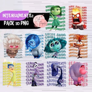May include: A set of 10 digital PNG images featuring characters from the movie Inside Out. The characters are Joy, Sadness, Fear, Anger, Disgust, Bing Bong, and the character representing Shame. Each character is depicted with their corresponding emotion word repeated in the background.