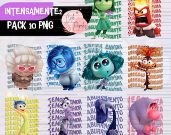 May include: A set of 10 digital PNG images featuring characters from the movie Inside Out. The characters are Joy, Sadness, Fear, Anger, Disgust, Bing Bong, and the character representing Shame. Each character is depicted with their corresponding emotion word repeated in the background.