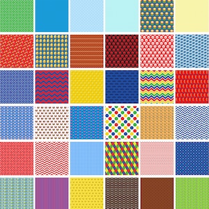 May include: A digital sheet of 36 different patterns in various colors, including red, blue, green, yellow, and white. The patterns include polka dots, stripes, zigzags, and geometric shapes.
