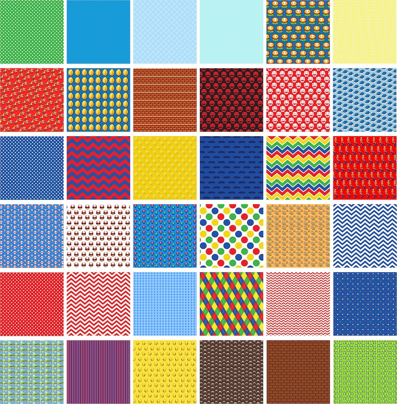 May include: A digital sheet of 36 different patterns in various colors, including red, blue, green, yellow, and white. The patterns include polka dots, stripes, zigzags, and geometric shapes.
