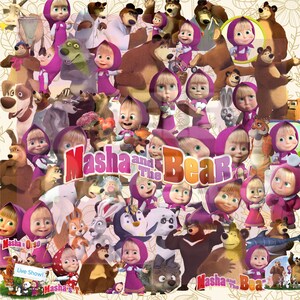 May include: A collage of cartoon characters from the animated series "Masha and the Bear." The image features Masha in a pink dress and headscarf, along with a large brown bear and various other forest animals. The show's title is prominently displayed.