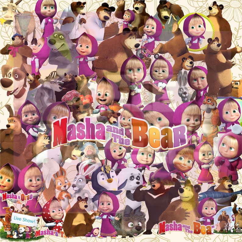 May include: A collage of cartoon characters from the animated series "Masha and the Bear." The image features Masha in a pink dress and headscarf, along with a large brown bear and various other forest animals. The show's title is prominently displayed.