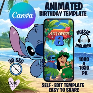 Invitation vidéo animée Stitch, modèle CANVA facile à modifier, anniversaire