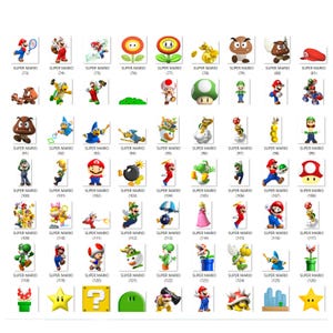 May include: A collection of 126 Super Mario character and object stickers. The stickers feature a variety of characters, including Mario, Luigi, Peach, Bowser, and Toad. There are also stickers of iconic objects from the Super Mario franchise, such as the Super Mushroom, the Starman, and the Koopa Troopa.