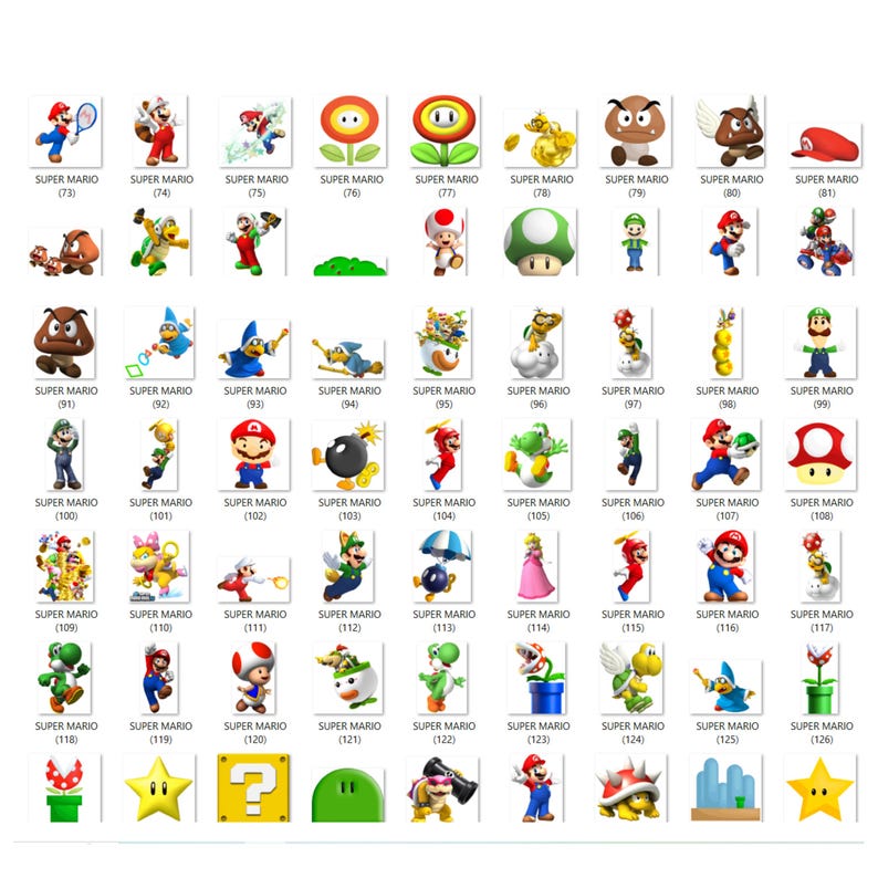 May include: A collection of 126 Super Mario character and object stickers. The stickers feature a variety of characters, including Mario, Luigi, Peach, Bowser, and Toad. There are also stickers of iconic objects from the Super Mario franchise, such as the Super Mushroom, the Starman, and the Koopa Troopa.