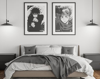 May include: Two framed black and white anime art prints hang above a bed. The prints feature characters in action poses. The bed has a gray headboard, white bedding, gray pillows, and a checkered throw blanket. The room has dark gray nightstands and pendant lights.