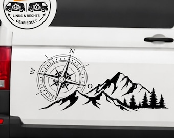 May include: Black and white vinyl decal set for a vehicle, featuring a compass rose, mountain range, and pine trees. Includes a circular sticker with two van illustrations and the text "2er SET LINKS & RECHTS GESPIEGELT."