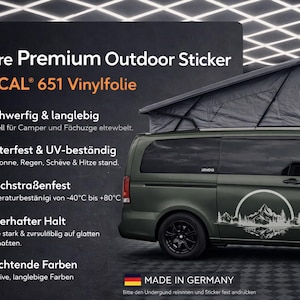 May include: A dark green camper van with a pop-up roof tent features a white mountain and forest graphic decal on the side. The image includes text detailing the Oracal 651 vinyl material, weather resistance, and durability for outdoor use.