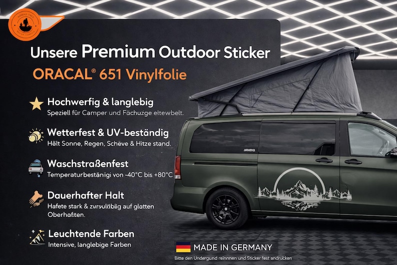 May include: A dark green camper van with a pop-up roof tent features a white mountain and forest graphic decal on the side. The image includes text detailing the Oracal 651 vinyl material, weather resistance, and durability for outdoor use.