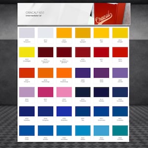 May include: A color chart for Oracal 651 Intermediate Cal vinyl featuring a grid of various colored squares. Each square includes a specific numerical code and color name. The top section displays the brand logo and product name text.