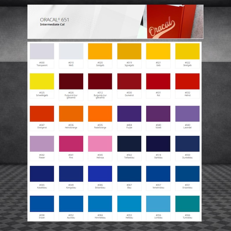 May include: A color chart for Oracal 651 Intermediate Cal vinyl featuring a grid of various colored squares. Each square includes a specific numerical code and color name. The top section displays the brand logo and product name text.