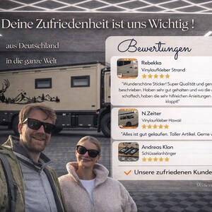 May include: A digital graphic featuring a beige expedition truck with a black deer and mountain decal. A semi-transparent overlay displays customer reviews with five-star ratings, text in German, and the phrase "Unsere zufriedenen Kunden."
