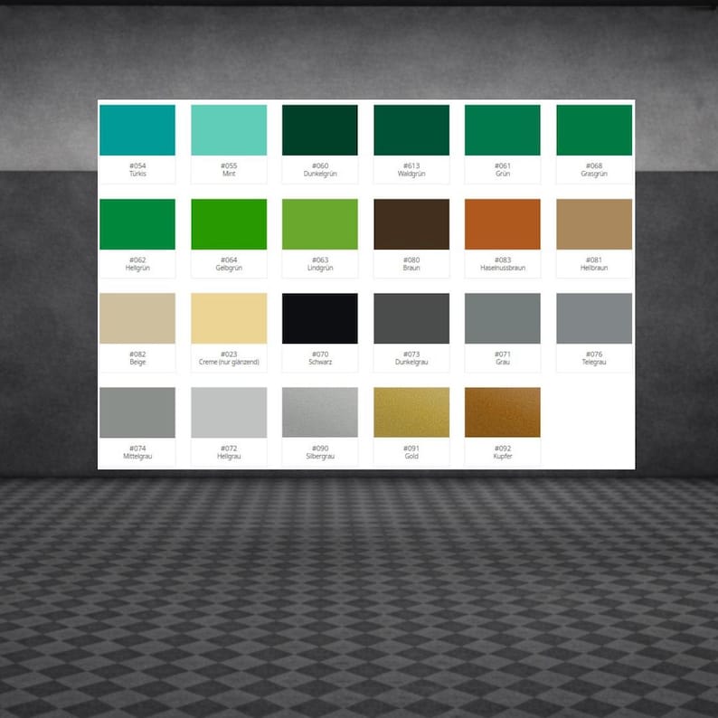 May include: A color chart featuring twenty-eight rectangular swatches arranged in a grid. Each swatch displays a unique color, including various shades of green, brown, gray, black, gold, and copper, with corresponding numerical codes and labels.