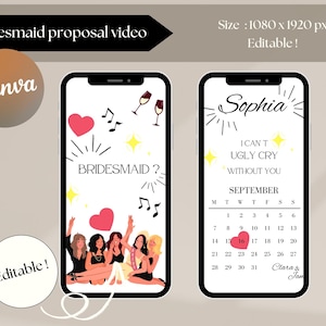 以下が含まれることがあります： ピンクのハート、音符、9月16日が強調表示されたカレンダーがついたデジタル携帯電話の画面のモックアップ。画面には「BRIDESMAID?」というテキストが表示されています。もう一方の画面には「Sophia」というテキストと「I can't ugly cry without you」というテキストが表示されています。