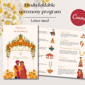 Programa de casamento hindu, cartão de casamento sikh, guia de cerimônia, infográfico editável de casamento indiano, modelo digital e editável, casamento gujarati,