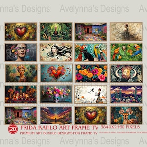 May include: A set of 20 digital art prints featuring Frida Kahlo inspired artwork. The prints are in a variety of styles, including colorful floral designs, portraits, and abstract art. The prints are designed for use with Frame TV, a digital picture frame that allows you to display your favorite photos and artwork.
