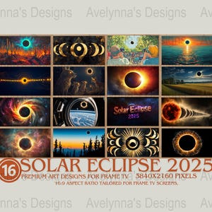 Può includere: Una collezione di 16 disegni di arte digitale che rappresentano un'eclissi solare. I disegni sono in una varietà di stili, tra cui astratto, realistico e celeste. Il testo "Solar Eclipse 2025" è visualizzato nella parte inferiore dell'immagine.