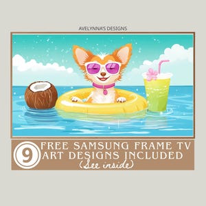 Samsung art dog frames, Samsung frame tv dog art, tv art dogs, Summer Corgi Poolside, Samsung Art Frames, Free tv designs, Dog TV art