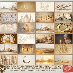 May include: A set of 24 digital art designs featuring a neutral color palette with Islamic themes. The designs include images of mosques, crescent moons, lanterns, and Arabic calligraphy. The designs are perfect for use as digital backgrounds or for printing on various surfaces.