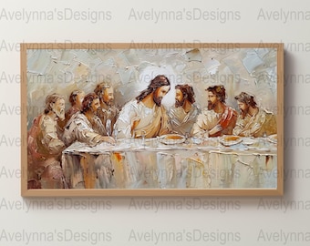 May include: A painting depicting Jesus and his disciples at the Last Supper. The painting is done in a painterly style with visible brushstrokes. The figures are depicted in a realistic manner, with Jesus seated at the center of the table.