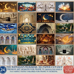 May include: A set of 24 digital paper cut-out designs featuring Islamic themes. The designs include intricate arches, crescents, stars, and lanterns. The designs are perfect for creating Ramadan or Eid Mubarak decorations.