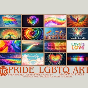 Op de afbeelding: Een set van 16 digitale kunstontwerpen met regenboogkleuren en LGBTQ+-thema's. De ontwerpen omvatten een regenboogvlag, een hart, een boom, een regenboog en de woorden "Love is Love". De ontwerpen zijn perfect voor gebruik op sociale media, websites of voor het afdrukken op merchandise.