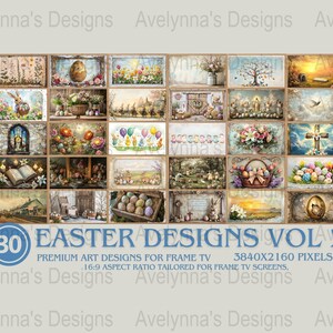 May include: A collage of 30 Easter-themed digital art designs, featuring images of eggs, bunnies, flowers, and religious symbols. The designs are titled "Easter Designs Vol. 2" and are described as premium art designs for frame TV, with a 16:9 aspect ratio tailored for frame TV screens, and a resolution of 3840x2160 pixels.