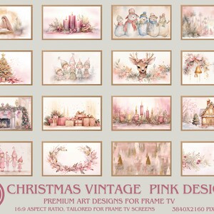 Christmas Vintage Pink Designs Bundle, 16 Premium Art for Samsung Frame TV, Seasonal Holiday Screen Art, christmas frame tv art pink