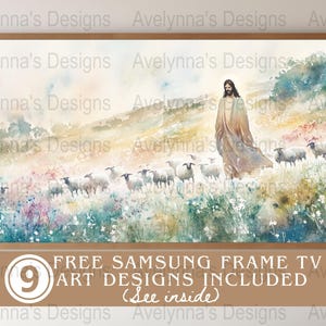 May include: A watercolour painting of Jesus walking through a field of flowers with sheep following behind him. The painting is in a wooden frame and has a light blue, green, and yellow colour scheme.