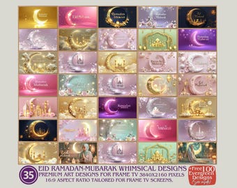 Set di arte stravagante del Ramadan, design artistici per TV Samsung Frame, arte premium per Eid Mubarak, pacchetto di 35 stampe artistiche da parete del Ramadan, occasione sacra islamica