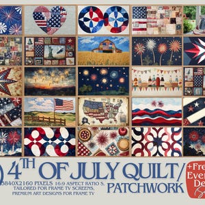 Könnte beinhalten: Eine Collage aus 25 verschiedenen Quilt-Designs mit patriotischen Motiven in Rot, Weiß und Blau. Die Designs beinhalten Sterne, Streifen, Feuerwerk und andere amerikanische Bilder. Der Text "4th of July Quilt/Patchwork" ist am unteren Rand der Collage zu sehen.