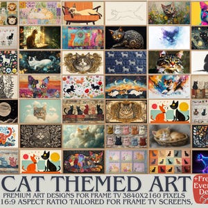 Puede incluir: Un collage de 42 diseños de arte digital con gatos en varios estilos y entornos. Los diseños están enmarcados en una cuadrícula y presentan una variedad de colores, patrones y texturas. El texto "CAT THEMED ART" se muestra en la parte inferior del collage, junto con el texto "PREMIUM ART DESIGNS FOR FRAME TV 3840X2160 PIXELS 16:9 ASPECT RATIO TAILORED FOR FRAME TV SCREENS".