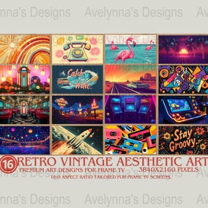 Op de afbeelding: Een collage van 16 retro vintage esthetische kunstontwerpen. De ontwerpen bevatten een verscheidenheid aan thema's, waaronder een retro telefoon, een diner, een zonsondergang, een raket en een cassettebandje. De tekst "Stay Groovy" is te zien in een van de ontwerpen. De ontwerpen zijn allemaal in een heldere, kleurrijke stijl.