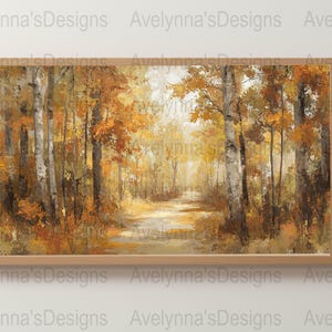 Puede incluir: Una pintura de un camino que atraviesa un bosque de otoño. Los árboles son principalmente amarillos y naranjas, con algunas hojas verdes aún presentes. El camino está bordeado de árboles altos y delgados con corteza blanca. La luz es suave y cálida, creando una atmósfera pacífica y serena.