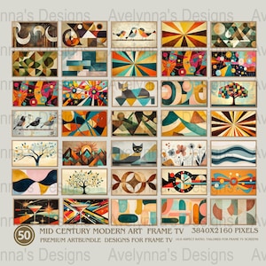 Könnte beinhalten: Set mit 50 Designs für moderne TV-Rahmen aus der Mitte des Jahrhunderts in verschiedenen Farben und Mustern. Die Designs sind perfekt, um Ihrem Zuhause einen einzigartigen und stilvollen Look zu verleihen.