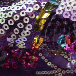 Pode incluir: Close-up de um tecido roxo coberto de lantejoulas iridescentes. As lantejoulas são de várias cores, incluindo dourado, prateado e rosa. O tecido é provavelmente usado para fantasias ou fins decorativos.