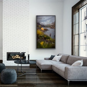 NUSFJORD / northern norway scandinavia lofoten / home art decor wall / fisherman village maritim ocean sea / mountain fjords yellow grey