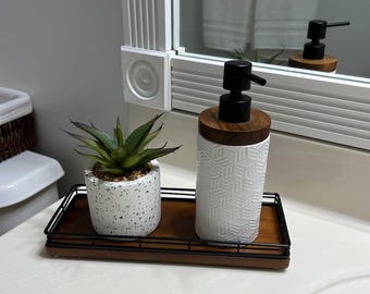 Oak Wood Vanity Tray for Bathroom Counter, Decorative Perfume & Jewelry Tray with Iron Mesh Edge, Modern Rustic Makeup Organizer