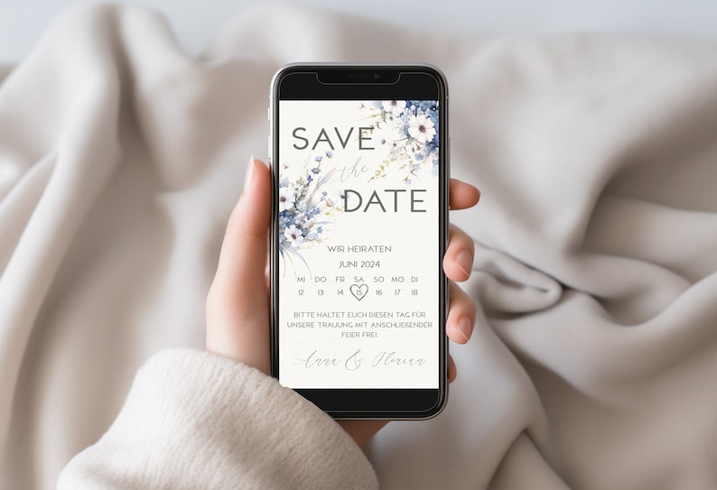 Digital Save The Date Card Invitation Blue wildflowers Wedding invitation Wedding Invitation E-Card electronic invitation image 3