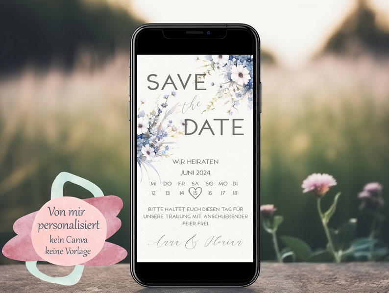 Digital Save The Date Card Invitation Blue wildflowers Wedding invitation Wedding Invitation E-Card electronic invitation image 1
