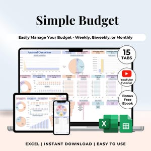 Könnte beinhalten: Ein Laptop-Computer zeigt eine Tabellenkalkulation mit einem bunten Kreisdiagramm und dem Text "Jahresübersicht". Der Laptop steht auf einem Tisch mit einem Smartphone und einem Tablet, die ähnliche Tabellenkalkulationen anzeigen. Das Bild enthält auch den Text "Einfaches Budget", "Verwalten Sie Ihr Budget einfach - Wöchentlich, Zweiwöchentlich oder Monatlich", "15 Registerkarten", "YouTube-Tutorial", "Bonus-kostenloses E-Book", "EXCEL | SOFORTIGER DOWNLOAD | EINFACH ZU VERWENDEN" und Symbole für Excel und Google Sheets.