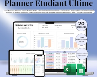 Studentenplanner in het Frans: Excel, Google Sheets, studentenorganizer, huiswerk bijhouden, cursusoverzicht, sjabloon voor universiteit/schoolstudie