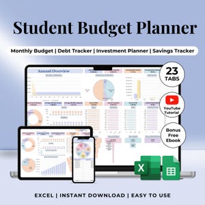 Peut inclure: Un ordinateur portable affichant une feuille de calcul intitulée "Student Budget Planner". La feuille de calcul est divisée en sections pour le budget mensuel, le suivi des dettes, le planificateur d'investissement et le suivi des économies. L'ordinateur portable est entouré de plus petits appareils, notamment une tablette et un smartphone, tous affichant des feuilles de calcul similaires. L'image comprend également du texte qui dit "23 onglets", "Tutoriel YouTube", "Bonus Ebook gratuit", "Excel", "Téléchargement instantané" et "Facile à utiliser".