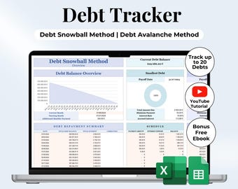 Debt Snowball / Avalanche method Calculator Spreadsheet Google Sheets Microsoft Excel Template Digital Debt Payment Tracker Debt Spreadsheet
