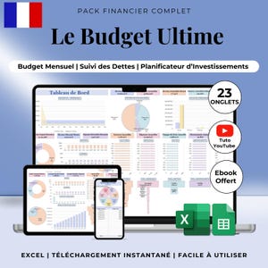 Budget annuel Excel en Français, feuille de calcul Google Sheets, tableur budgétaire mensuel, suivi dettes, factures, planification 50/30/20