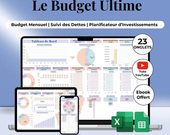 Budget annuel Excel en Français, feuille de calcul Google Sheets, tableur budgétaire mensuel, suivi dettes, factures, planification 50/30/20