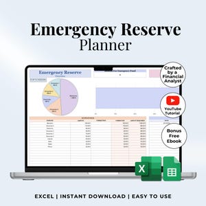 Peut inclure: Un écran d'ordinateur portable affichant une feuille de calcul intitulée "Emergency Reserve Planner". La feuille de calcul comprend un diagramme circulaire, un graphique à barres et un tableau avec des colonnes pour les dépenses, les montants, les corrections et les montants requis. La feuille de calcul est conçue pour aider les utilisateurs à suivre et à gérer leurs fonds d'urgence.