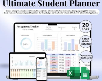 Ultimate Student Planner Spreadsheet Excel Google Sheets Assignment Tracker College Study Template University Task Planner Academic School