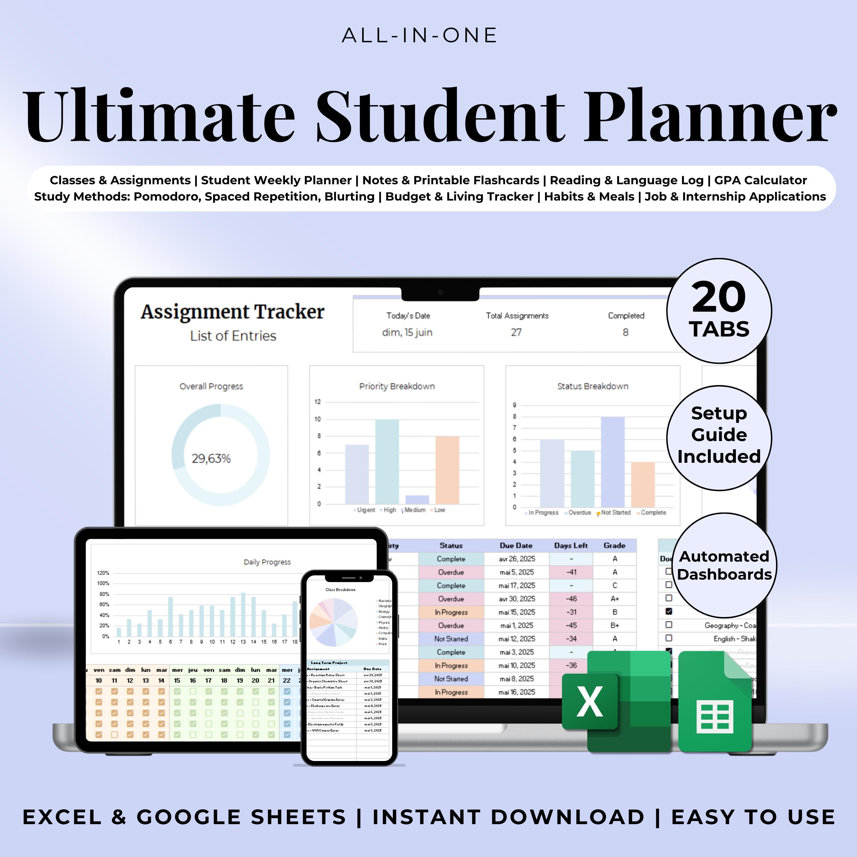 Ultimate Student Planner Spreadsheet Excel Google Sheets Assignment ...